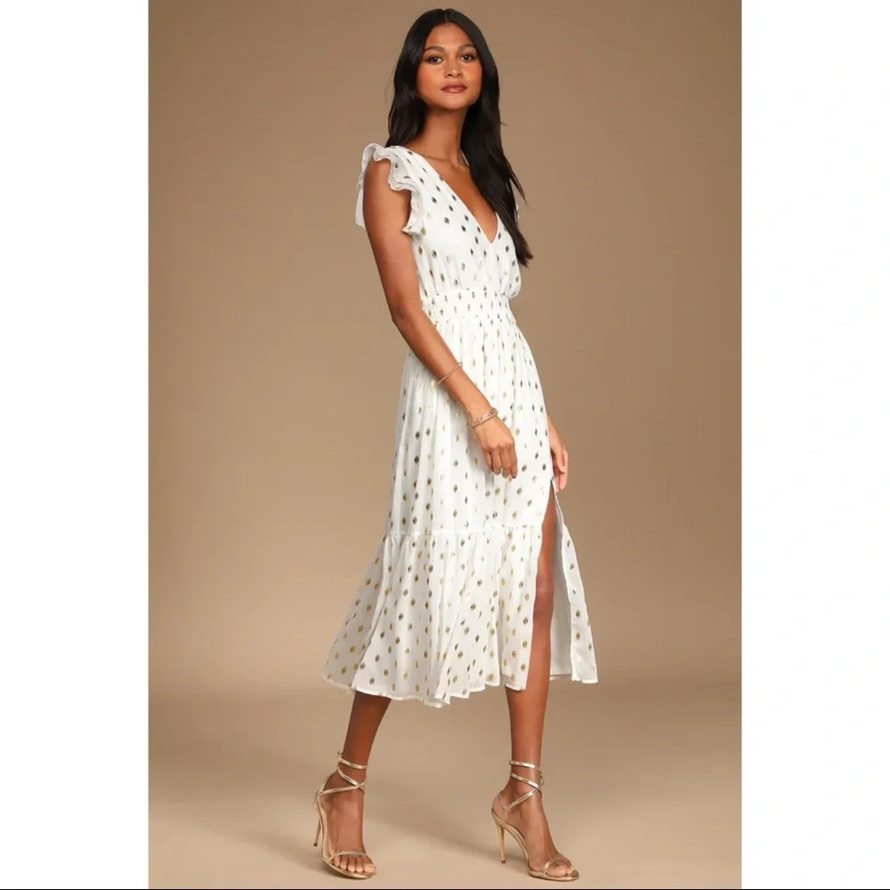 NWOT Lulus Cause to Celebrate White and Gold Dot Ruffled Tiered Midi Dress - Picture 2 of 11
